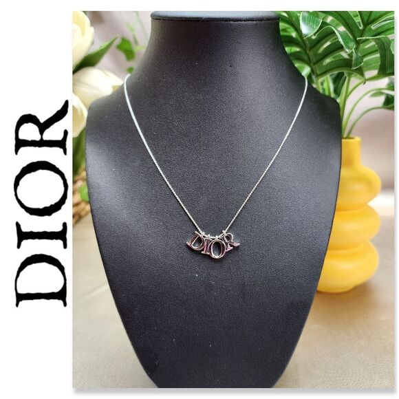 Authentic Christian Dior Metal Logo Necklace Silver W/ Dior Notebook - Picture 1 of 16